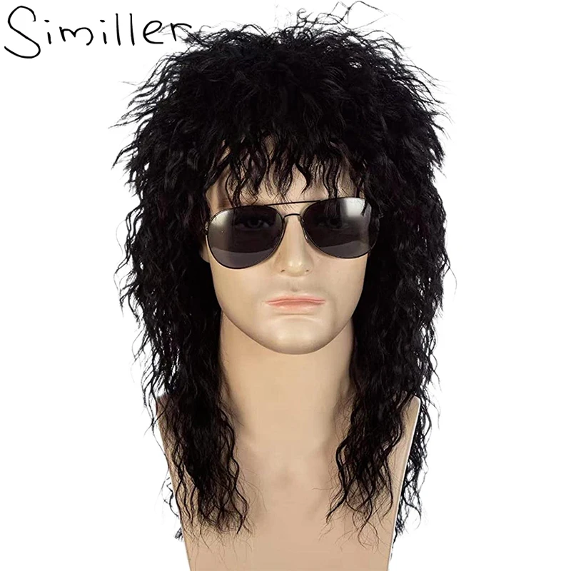 Similler Black Long Curly Wig 70s 80s Mullet Wig Punk Heavy Metal Rock Cosplay for Men and Women Wigs