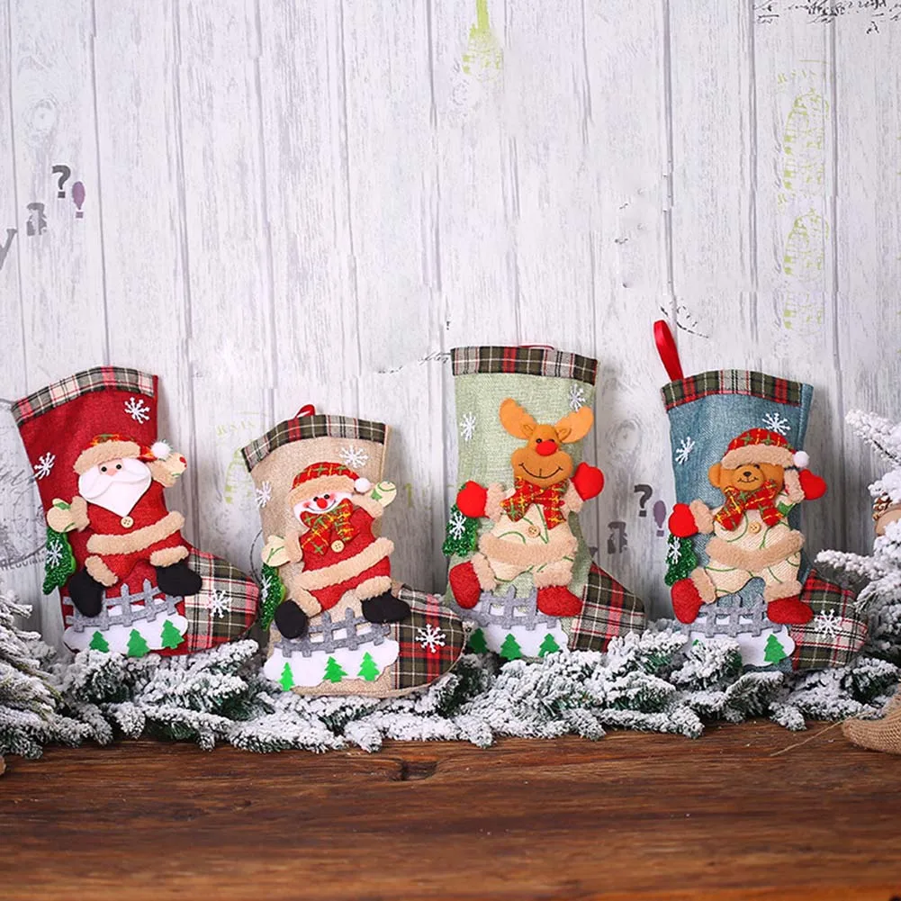 Burlap Fabric Christmas Stockings Set of 4 for Cozy Holiday Decoration Red Beige Green Blue 30 by 20 Centimeters Each