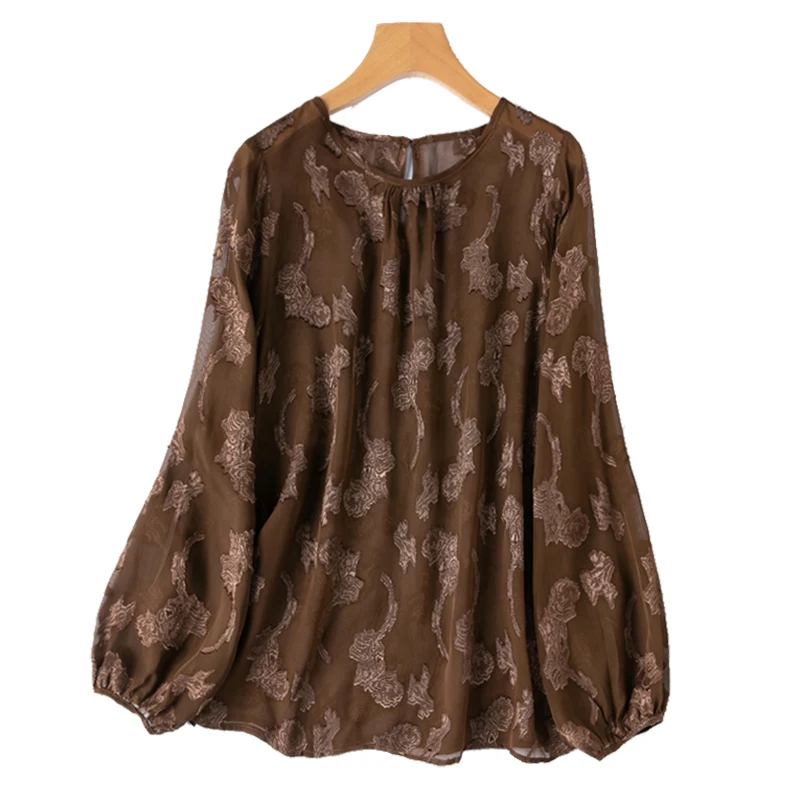 

Женская шелковая блузка из 100% тутового шелка, кофейная цветочная вышивка, рубашка с круглым вырезом и рукавами-фонариками, топ, пуловер, офисный женский M1265