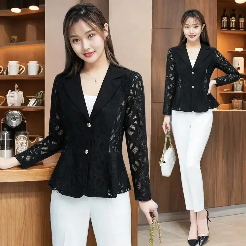 

Lace Blazer Jacket Thin Women Spring Summer 2025New Hollow-Out Suit Coats Korean Temperament Outwear Female Overcoat Fashion Top