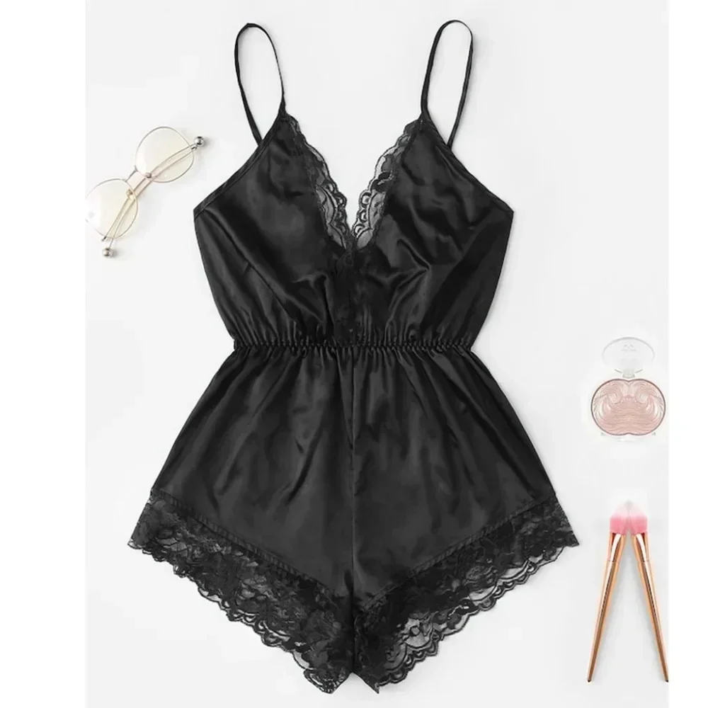 

Sexy Women Eyelash Lace Stain Silk Pajamas Bodysuit Jumpsuit Home Clothes Night Wear Lingerie Underwear Onesie Sleepwear Red