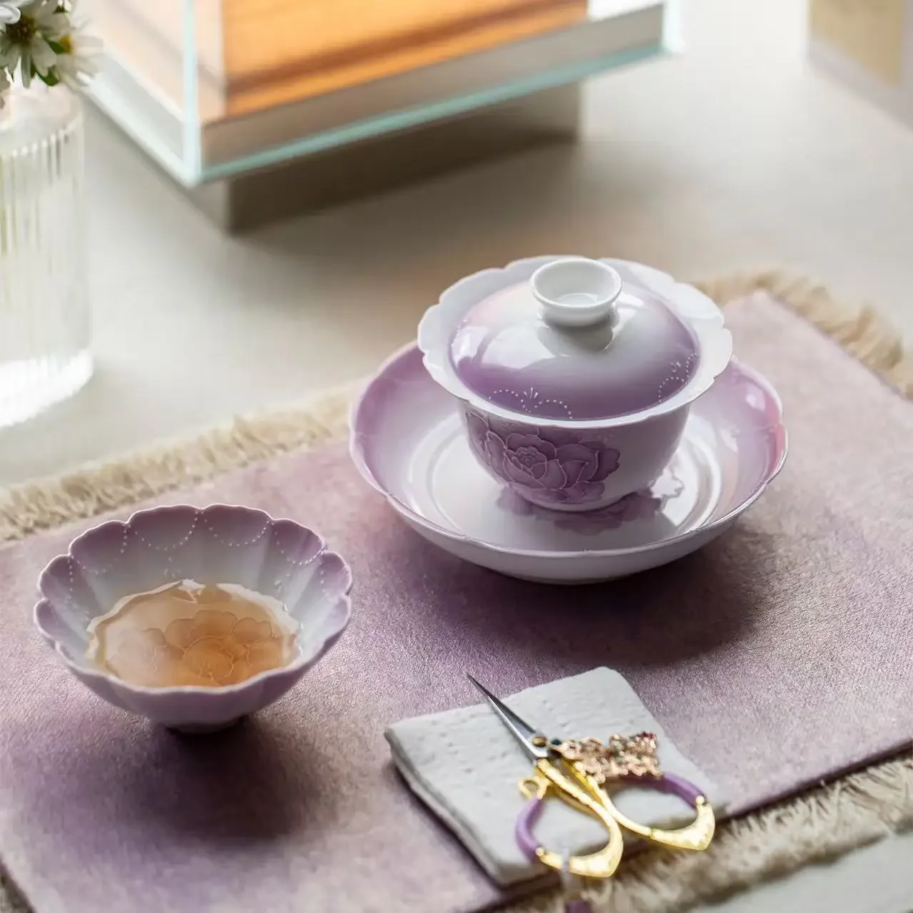 Gradual Change Purple Arita-yaki Hand-painted Rose Ceramic Pot Bearing Tea Ceremony Accessorie Dry Brewing Tray Refreshment Tray