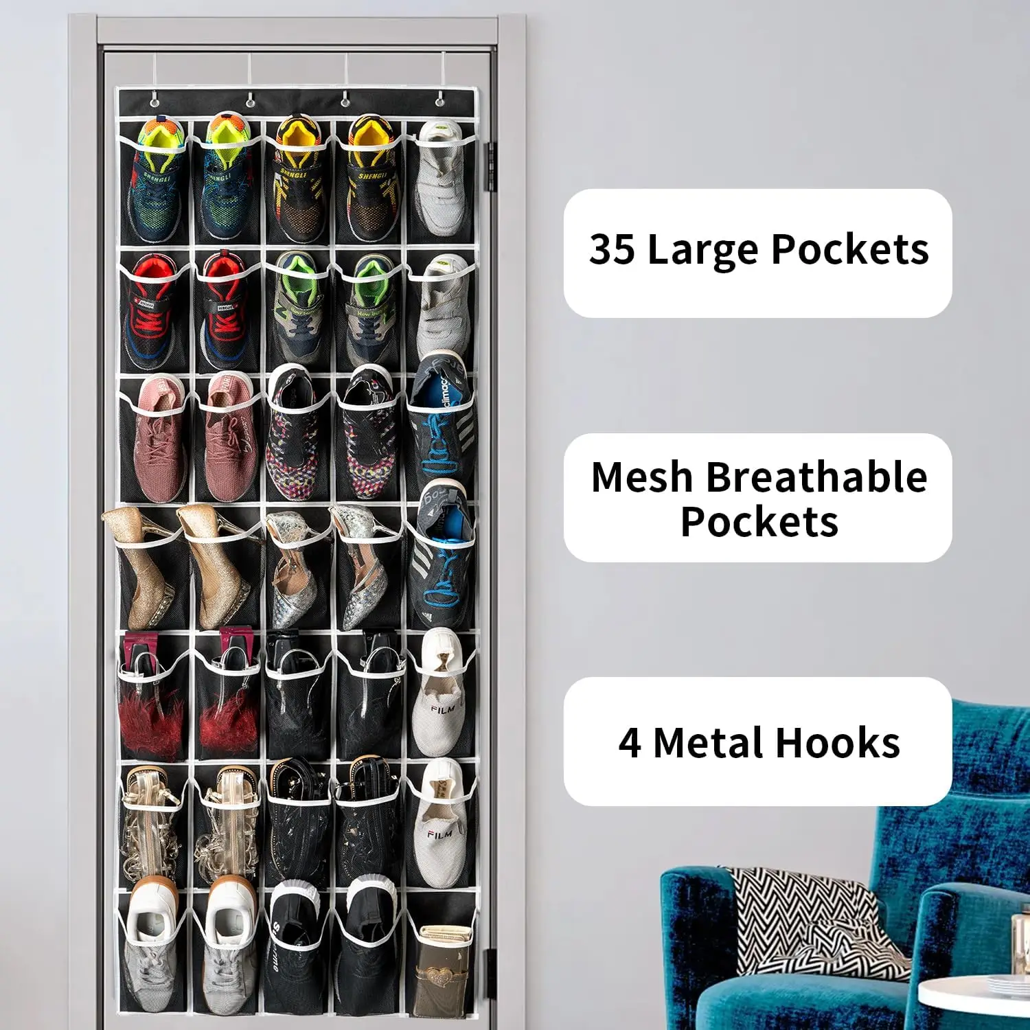 35 Pockets Over the Door Shoe Organizer, Hanging Shoe Organizer for Door with 35 Mesh Pockets Large Capacity Hanging Storage