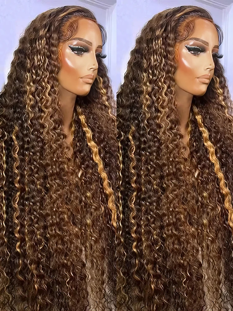 4/27 44 Zoll Highlight Honigbraun Lockige Lace-Front Echthaarperücken Brasilianische 13x6 Ombre Gefärbte Deep Wave Lace-Frontal-Perücken 13x4 HD Transparente Lace-Frontal-Perücke für Frauen 250%