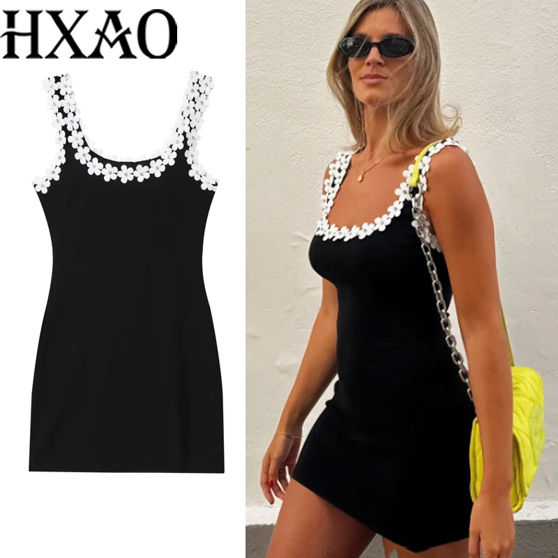 HXAO robe noire été Slip sans manches robe florale femme moulante dos nu robes courtes Sexy Corset robes de soirée élégantes