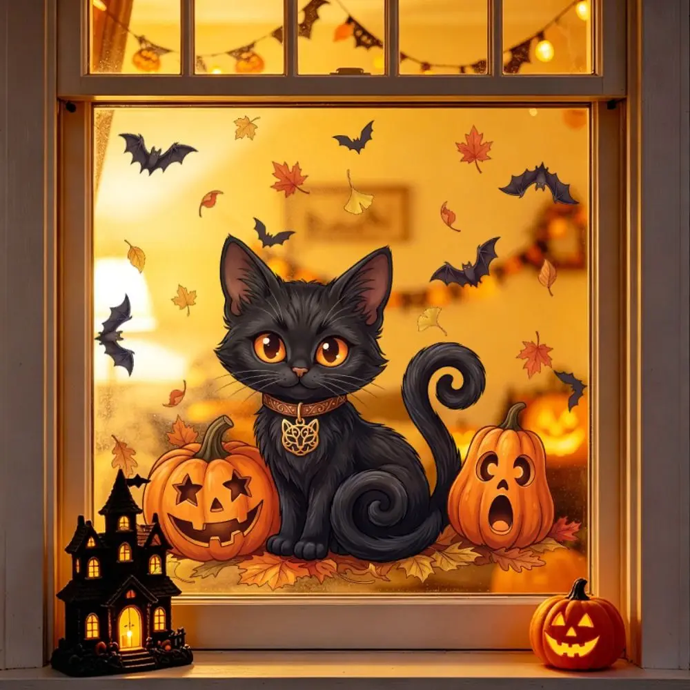 Static Glass Decal Halloween Window Sticker Static Cling Removable Black Cat Window Sticker Black Cat Pattern Pumpkin Pattern