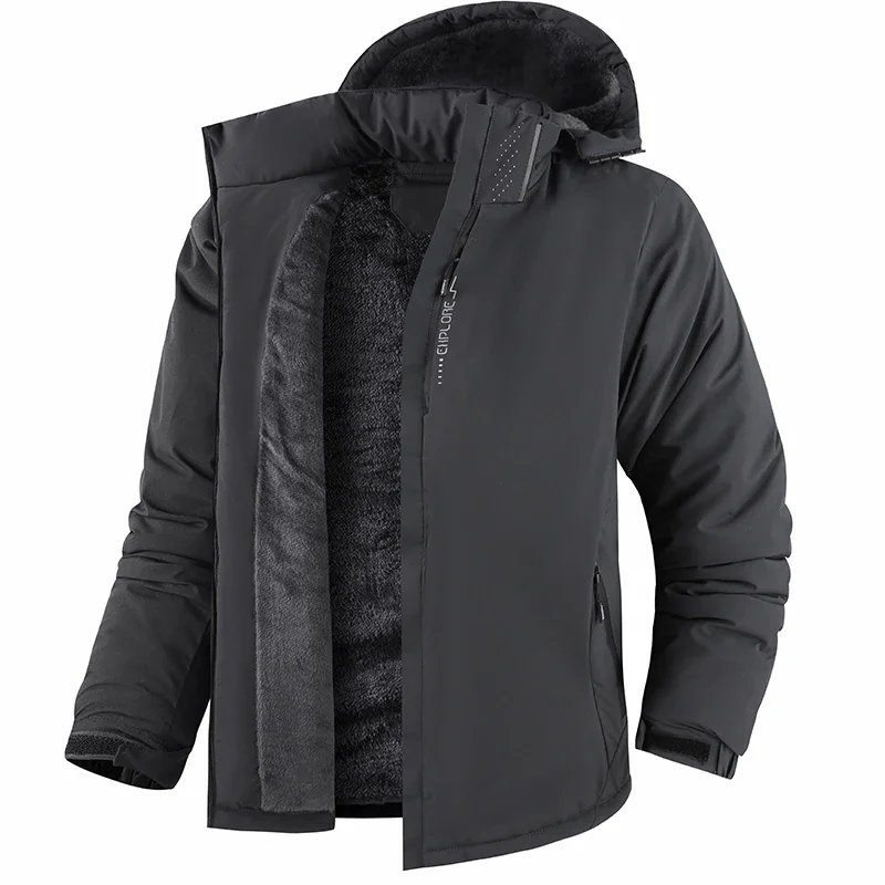Fleece Lining Mountain Jackets Mens Waterproof Hiking Skiing Jackets parka with Chest Print Winter Fleece Parkas Wool Coat 6266S