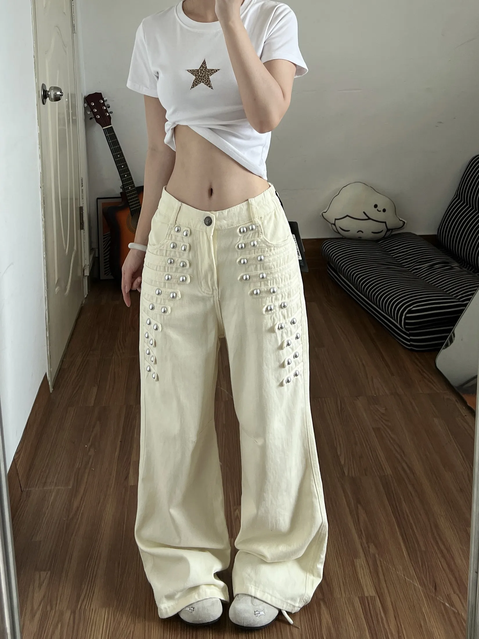 American Style Court Metal Buckle Wide Leg Pants Men Women Autumn Vintage Napoleon Design Long Pants Trendy Loose Fit Jeans