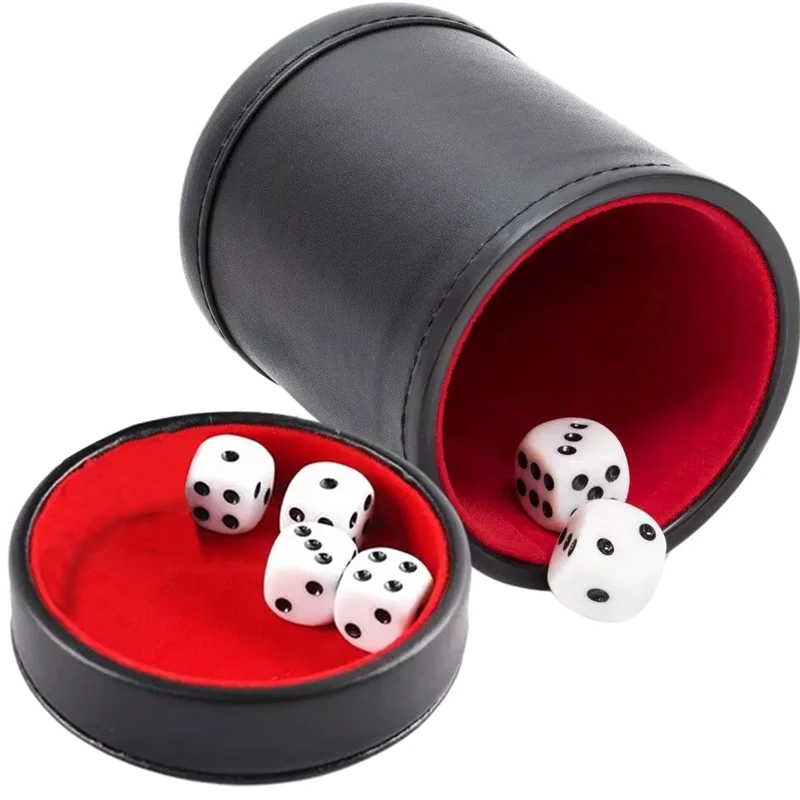 New Double layer Dice Cups New Black PU Leather Red Flannel Dice Cup Bar Game KTV Entertainment Supplies With 6pcs Dices