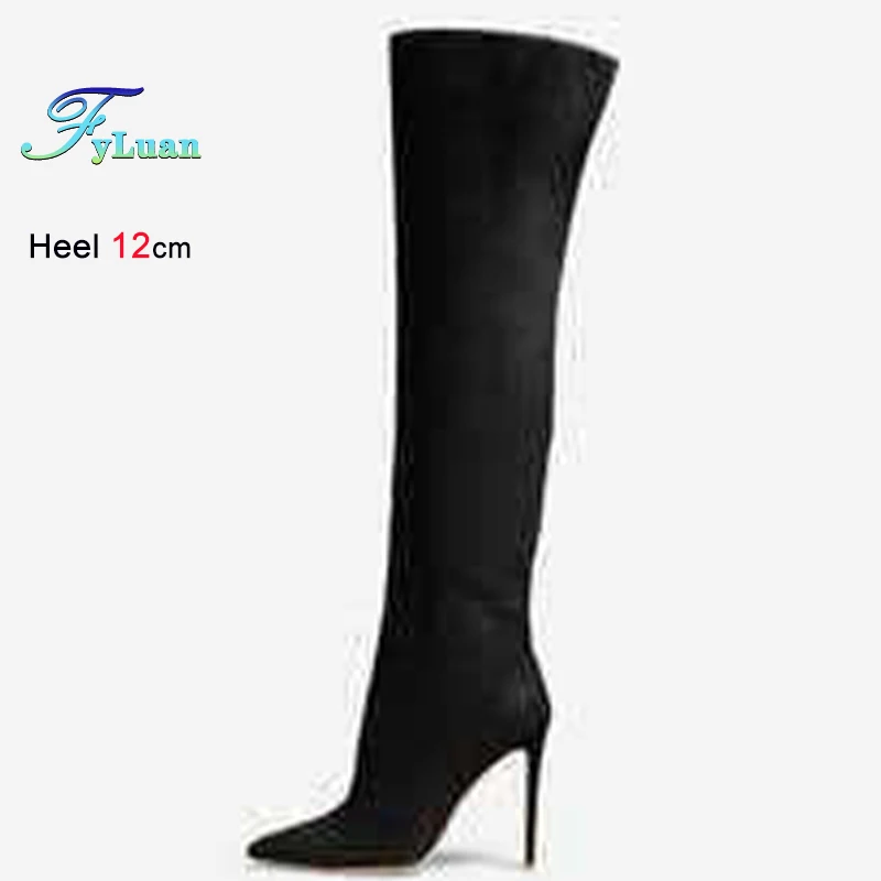 

2026 Autumn Winter Black Women's Knight Boots Thin High Heels 12cm Knee High Boots Pointed Head Ladies Shoes Long Suede Boots CD