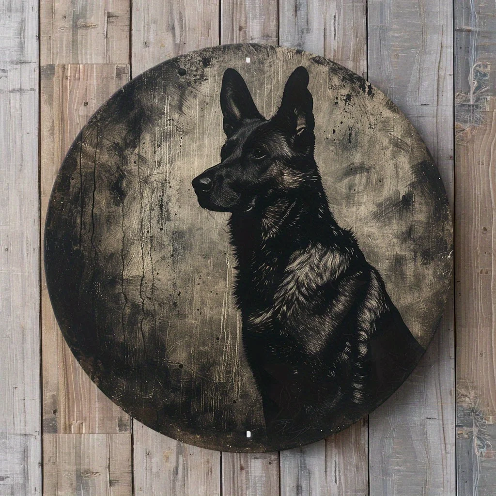 2D Flat - 1pc German Shepherd Metal Wall Art, 20x20cm Round Iron Sign - Weather-Resistant, High-Definition Print for Indoor & Ou