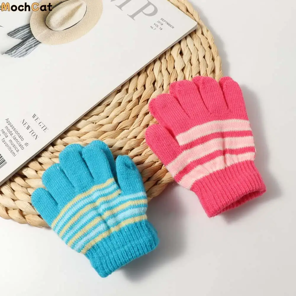 

Ветрозащитные детские зимние теплые спортивные перчатки на открытом воздухе с утолщенным принтом в полоску, детские варежки, перчатки на пальцы