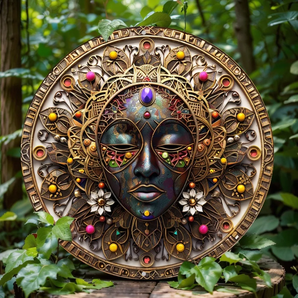 Aluminum Classic African Mask Themed Wall Decor Sign, Round Metal Sign - Weather Resistant, HD Print, High Bending Resistance