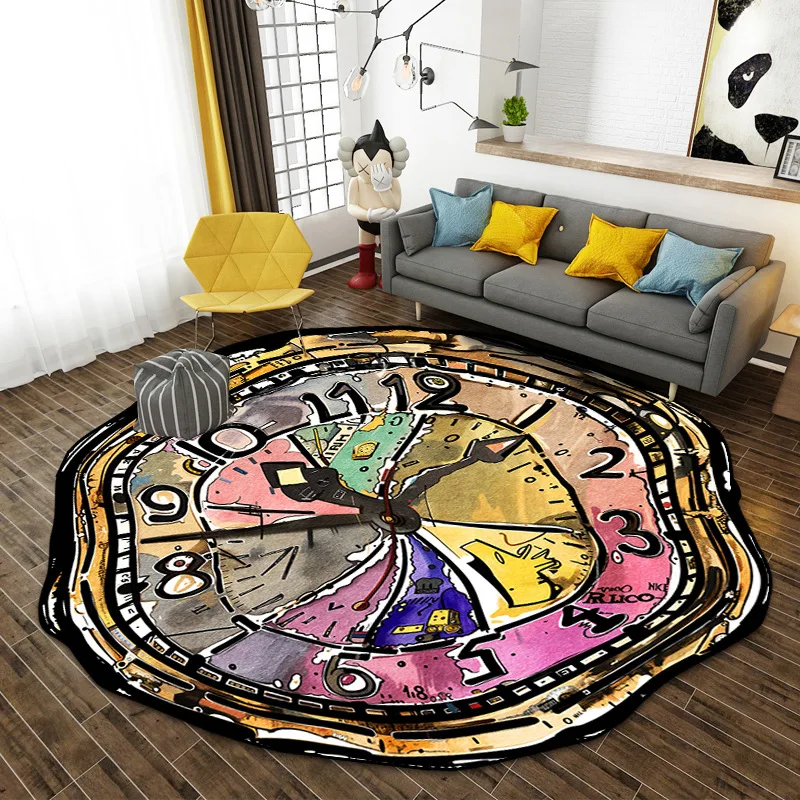 Vintage Clock Large Area Carpet Creative Irregular Dial Round Rug Gaming Chair Non-slip Floor Mat Bedroom Lounge Decorative Rug