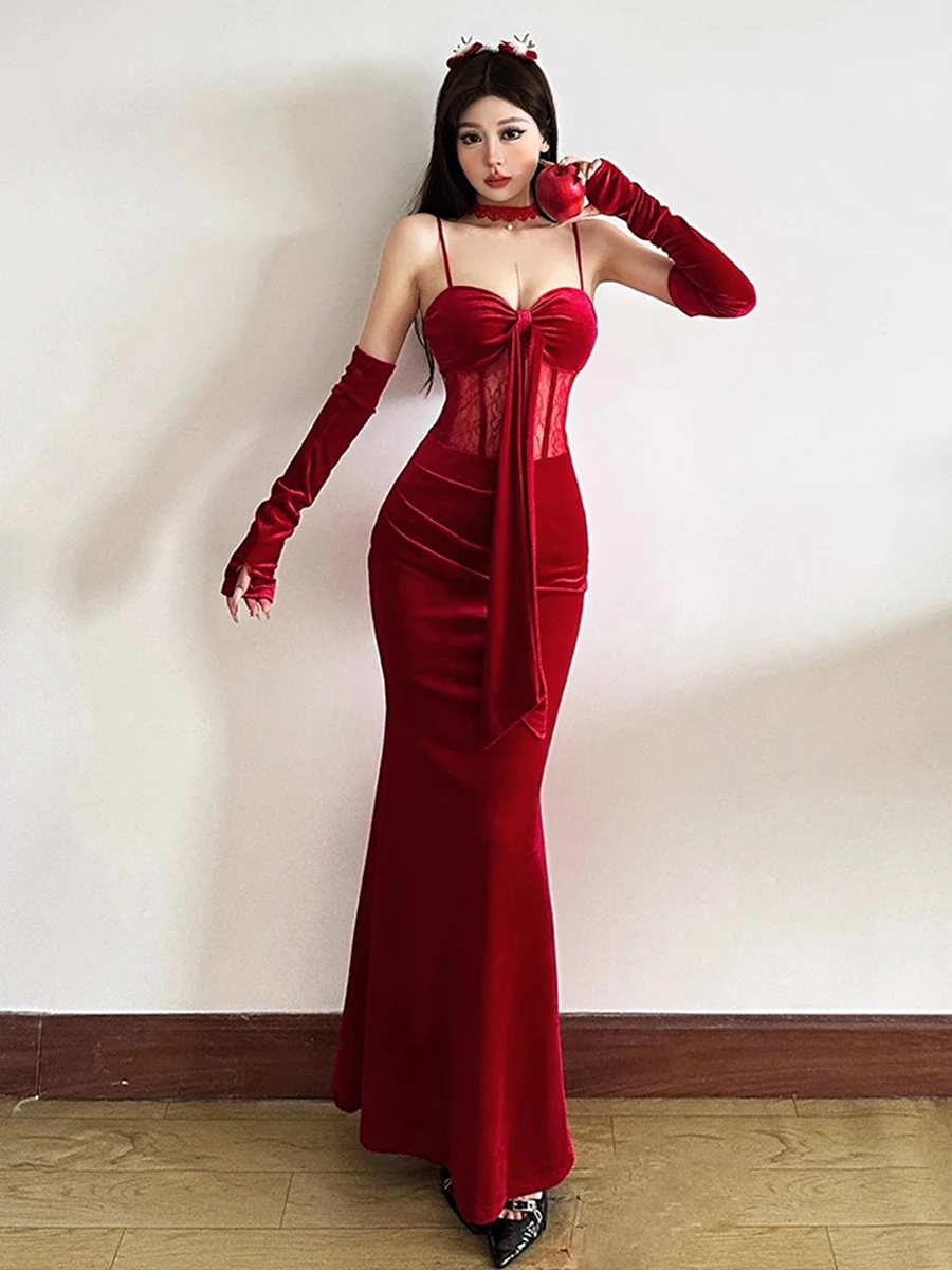 REDDACHiC عيد الميلاد النساء ثوب حفلة مع قفازات شير الدانتيل مثير القوس مشد حورية البحر ماكسي طويل Bodycon فستان حفلة ملابس رسمية