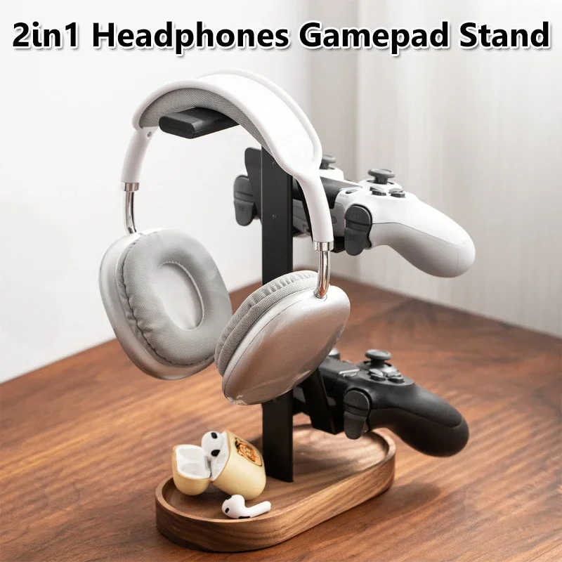 

2in1 Headphones Gamepad Stand Walnut Wood+Aluminum Alloy Gaming Headset Desktop Display Shelf No Installation with Anti-slip Pad
