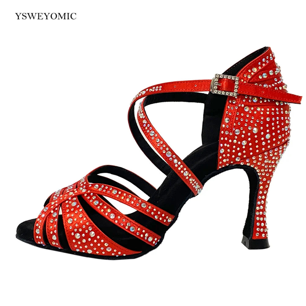 Red Rhinestones Salsa Dance Shoes 9cm Heel 2023 Winter Style Sexy Latin Ballroom Dance Party Sandels For Women