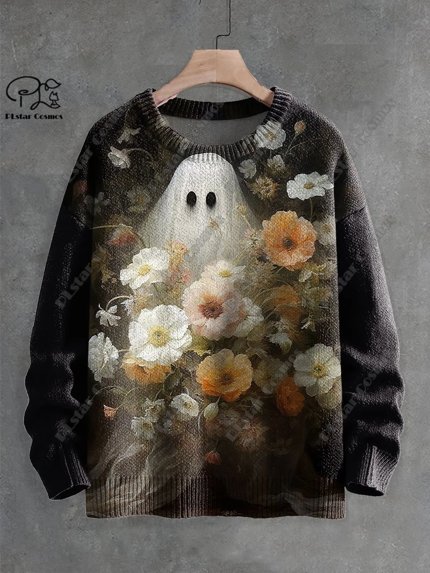 3D Printing Halloween Custom Series Horror Ghost Skull Witch Black Cat Pattern Ugly Sweater Street Casual Winter Sweatshirt W-7