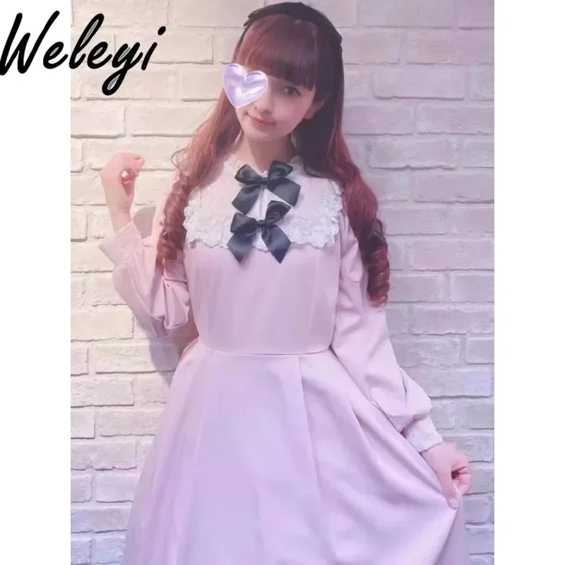 Lolita Sweet Bow Lace Dresses Japanese Women's Spring and Autumn Retro Tea Party Long Sleeved Ladies Elegant Princess Long Dress