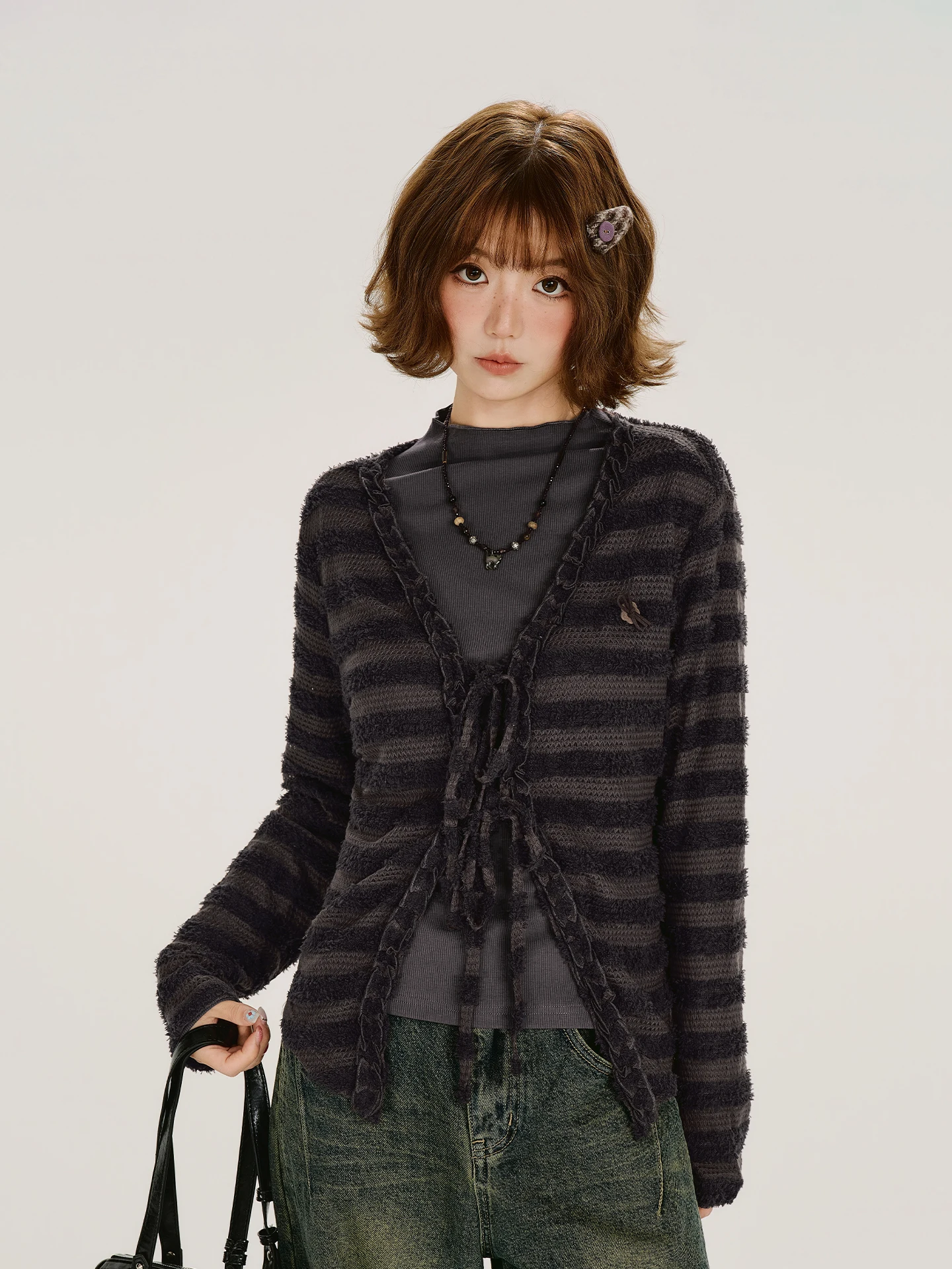 Girlyhalo American Retro Striped Wooden  Bowed Knitted Open Cardigan Women's Autumn New Style Base Shirt Two-Piece Set