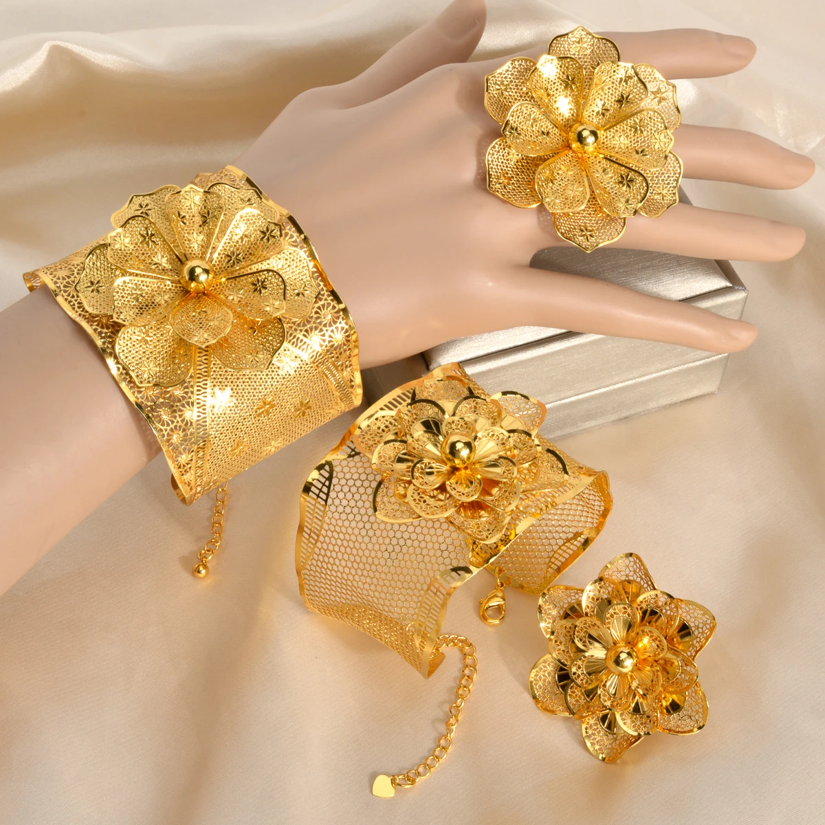 Dubai Gold Color Rings Bangles Set For Women Wedding Turkish Nigerian Bride Indian Brazilian Fashion African Hawaiian Jewelry