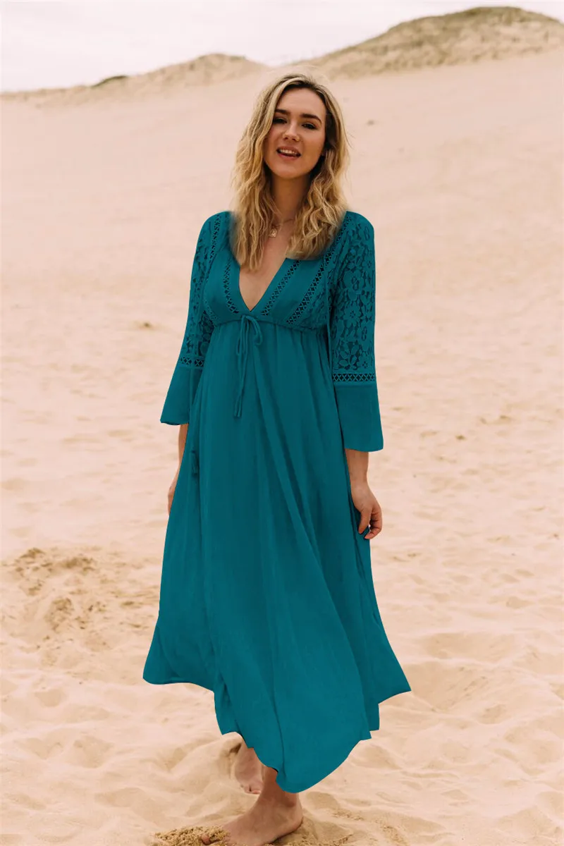 Robe de plage décontractée, longue, blanche, noire, Sexy, tunique, élégante, pour femmes, vêtements de plage, Cover-Up pour costumes de bain