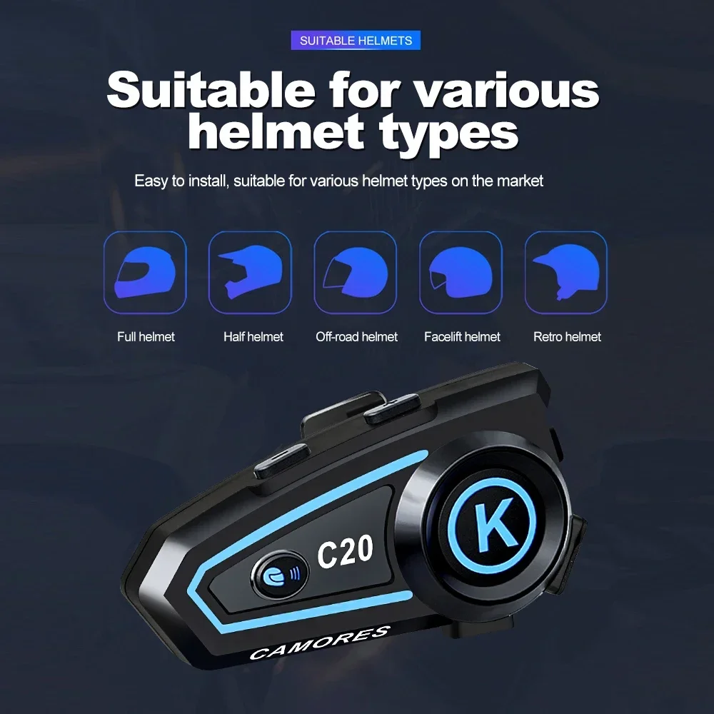 C20 Bluetooth Motorcycle Helmet Headset Stereo Hands Free Call Waterproof Roise Reduction Earphone with Tri-Color Ambient Light image 4