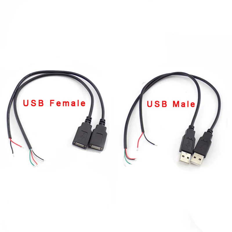 Conector USB macho y hembra, Cable de datos de 4 pines, Cable de extensión, fuente de alimentación de 2 pines para adaptador de 5V DIY, carga de 0,3 M, 1M, 2M