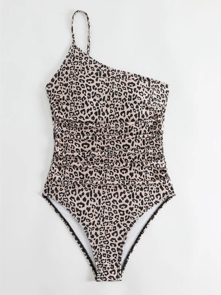 Beach Style Summer Women's Bikini Slant Shoulder Adjustable Straps Backless Slim High Waist Slim Female Leopard Trendy Swimsuits