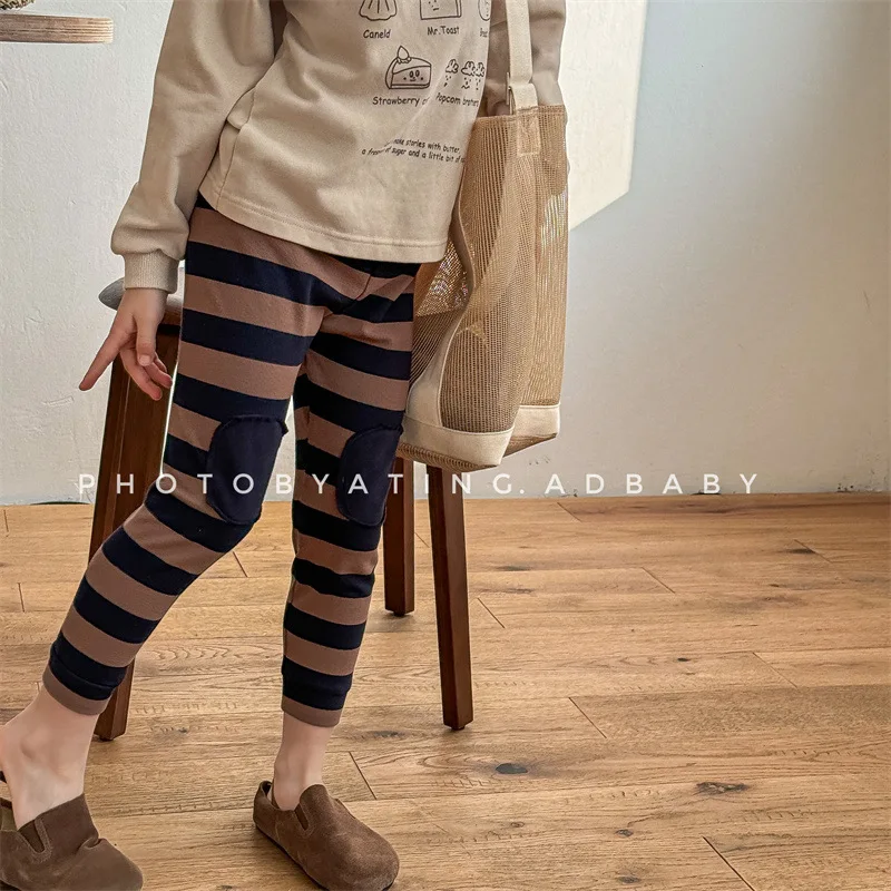 Baby Girls Versatile Striped Tight Pants Toddler Casual Pants Kids Patch Trousers 2025 Autumn New Children Cotton Leggings