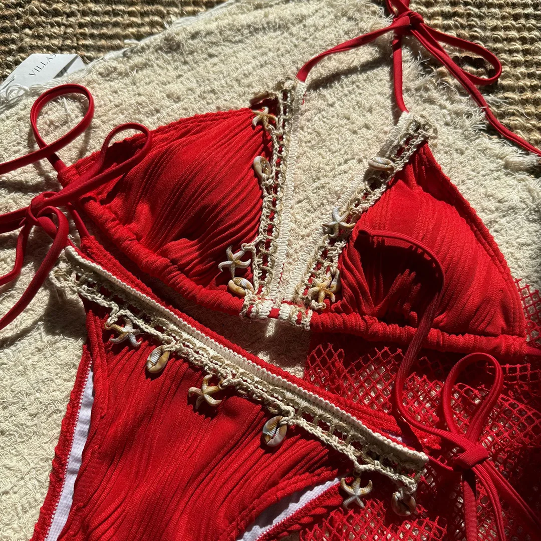 Neu mit Sarong-Oberteil, hoch geschnittenem Bikini, dreiteiligem Bikini-Set, Damen-Badeanzug, Badebekleidung, Badeanzug, Schwimmanzug V6215 – Detail 35
