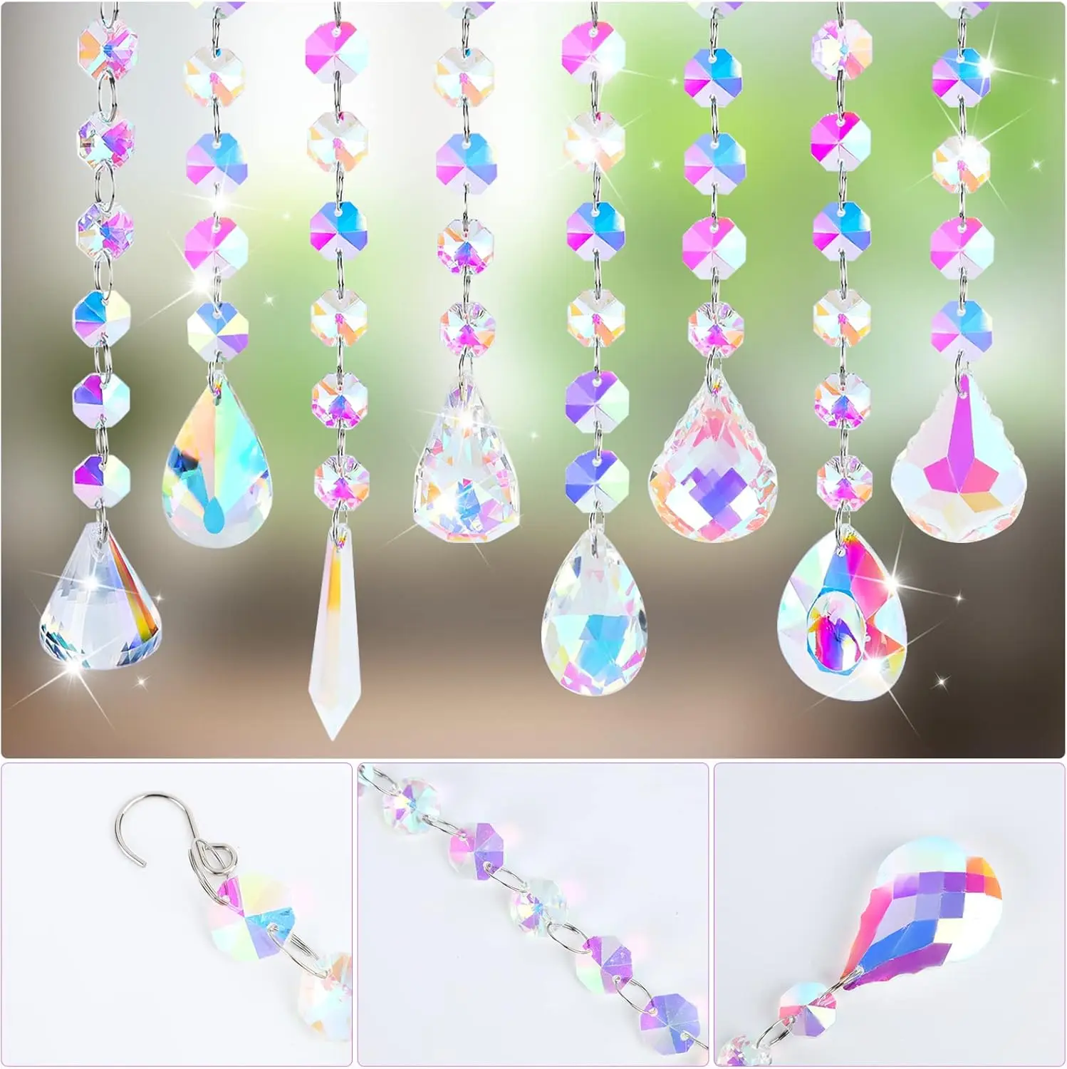 8 قطع من صائد الشمس الكريستالي، صائد الشمس للنافذة المعلقة بالكريستال المعلق على شكل قوس قزح، ديكور منشور قطرة زجاجية للزينة