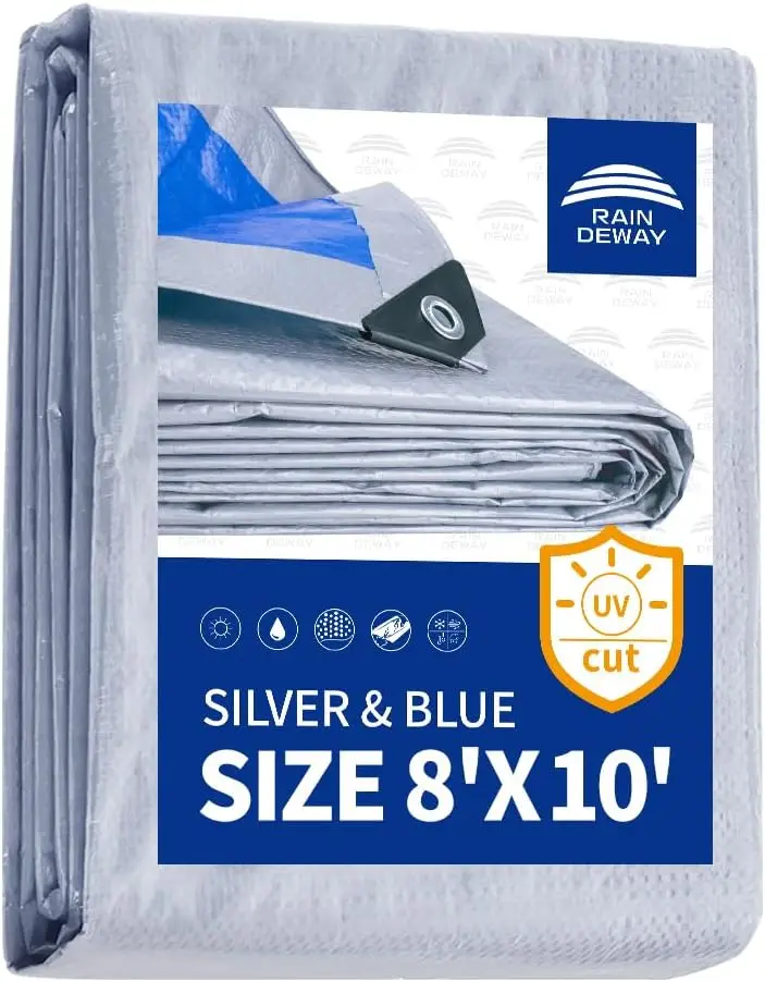 

8x10 Feet Waterproof Poly Tarp Cover with Metal Grommets, Reinforced Edges, Silver/Blue, Multipurpose Use