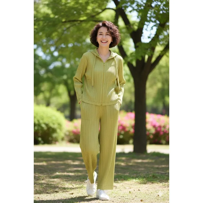 Miyake plissado longo terno sênior sentido outono inverno 2025 novas plissadas com capuz cardigan jaqueta calças retas temperamento terno fino