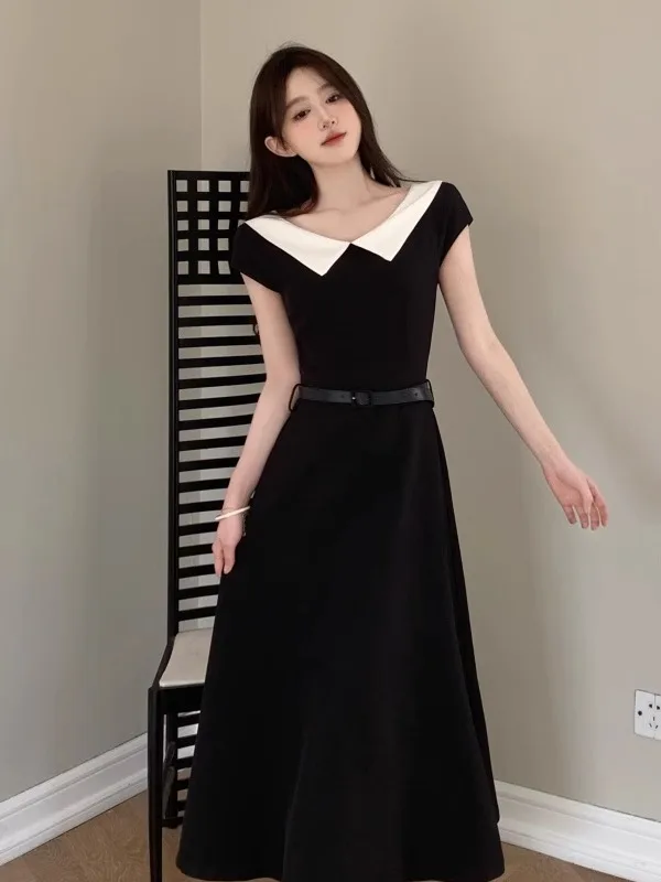 Emagrecer A-Line Dr com cintura plissada e gola em cores contrastantes para mulheres verão coreano Sle Commute ort Sve Lon...