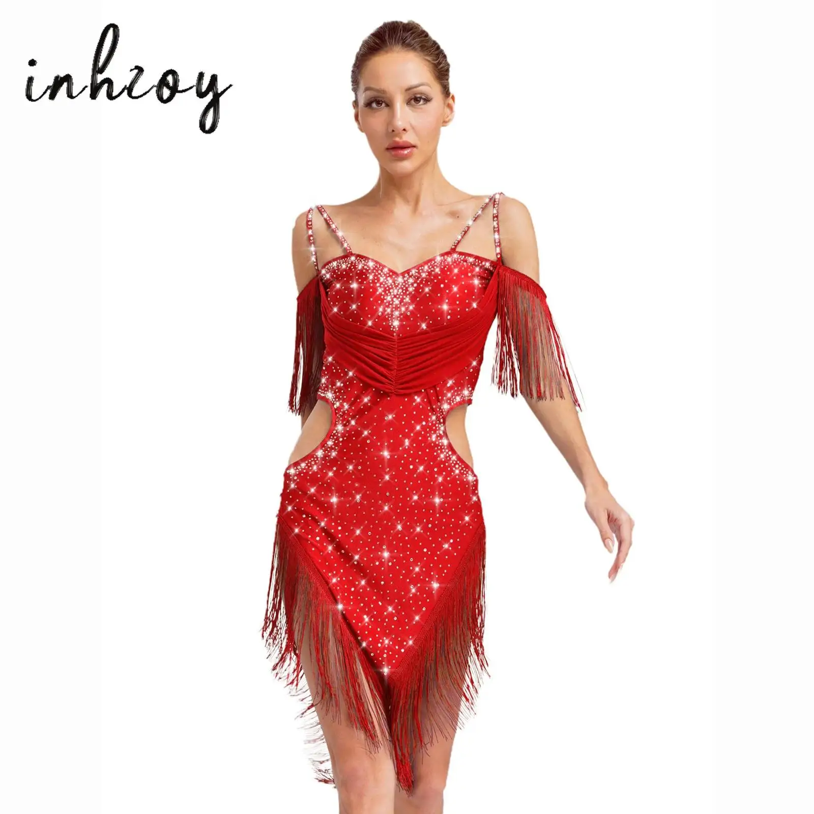 

Womens Latin Dance Cha-Cha Tango Performance Costume Cutout Backless Spaghetti Straps Fringe Shiny Rhinestones Dress Dancewear