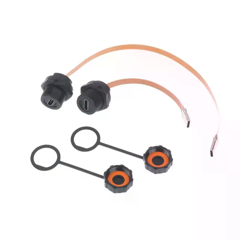 IP68 Waterproof Type C Female to Male Cable USB 3.1 Threaded Flat PFC for Industrial Device Charging Data Transfer