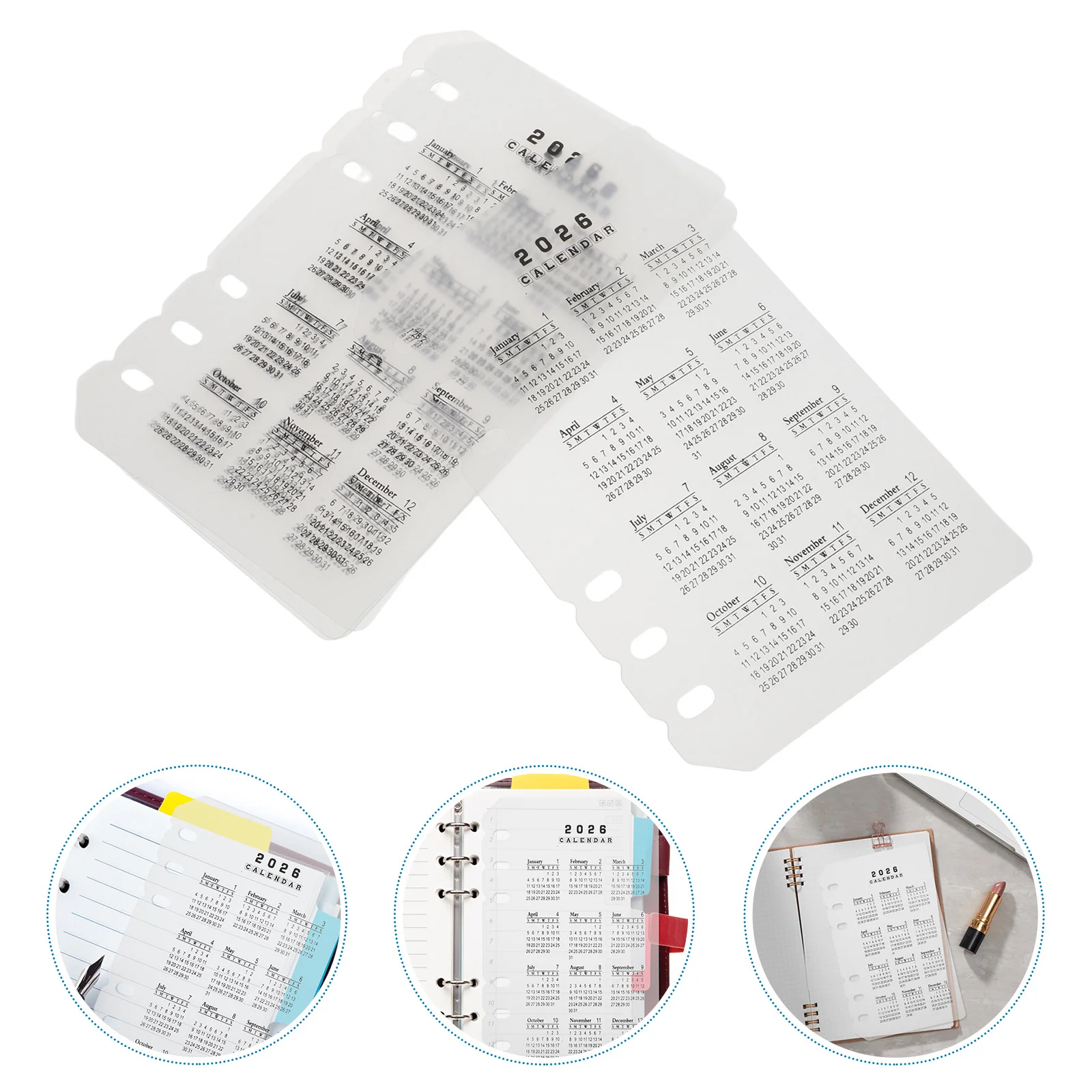 4Pcs 2026 Calendar Divider Frosted Plastic A6 6-Hole Refillable Inserts for Planner Notebook Date Organization Office