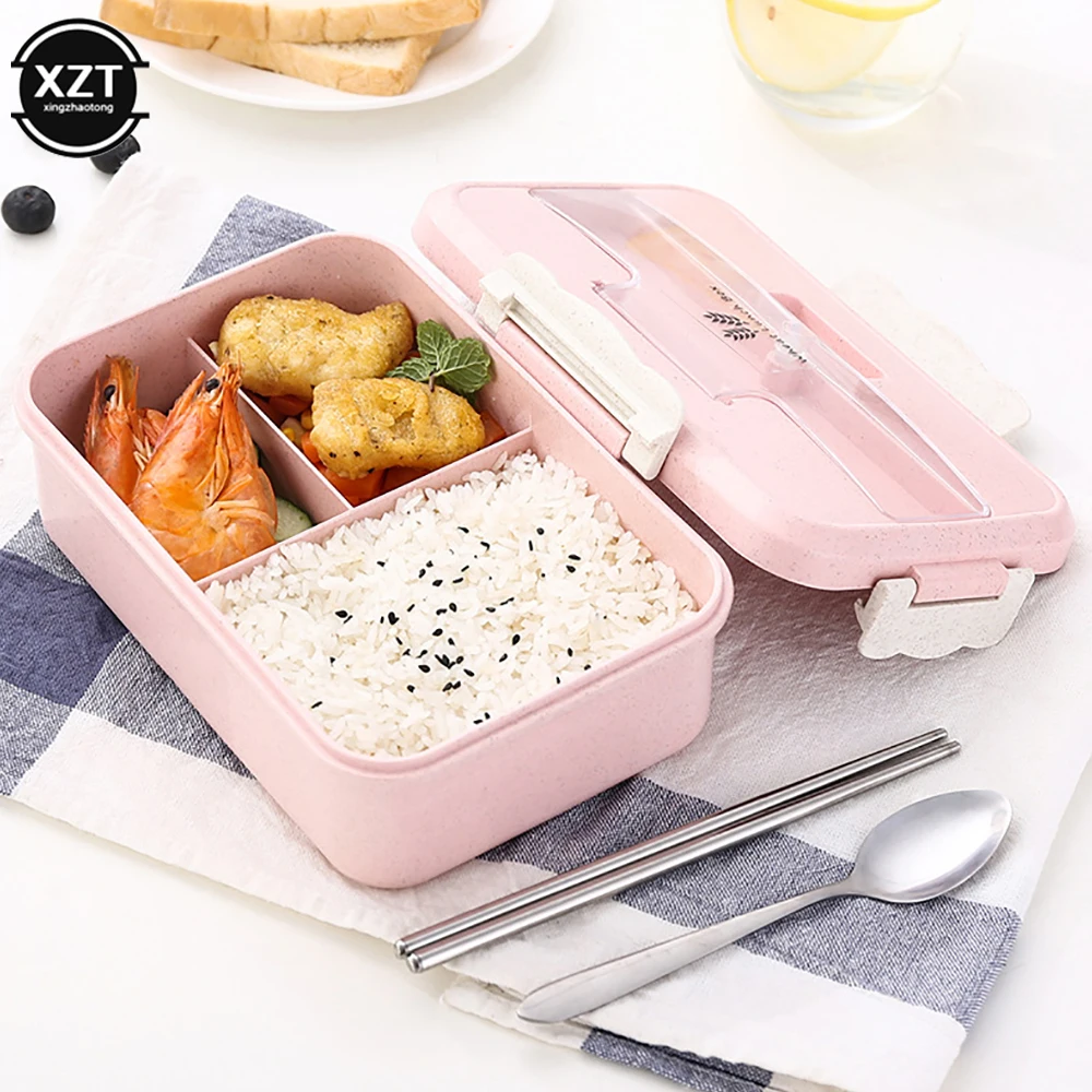 3Grid Microwave Lunch Box Wheat Straw Dinnerware Food Storage Container Children Kids School Office Bento Box Portable Lunch Bag