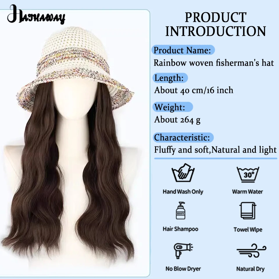 Wig Women's Hat One Summer Atmosphere Synthetic Rainbow Woven Fisherman's Hat Curly Hair Beach Holiday Hollow Wig Hat Daily Wear