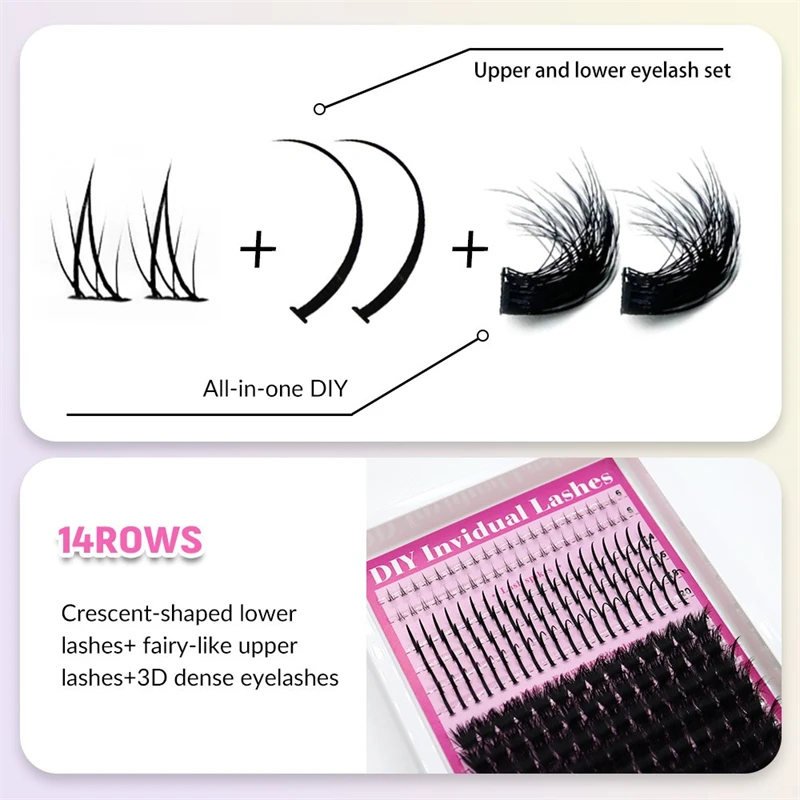 14 rangées 3D croissant-forme D Curl sans coupe réaîné fée supérieure et inférieure 3 Styles ensemble complet de cils