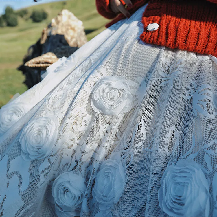 64-74cm Waist Spring Autumn Long White Lace Skirts Women French Elegant Boho Flared Midi Skirt 3D Floral Lace Mesh A-Line Skirts