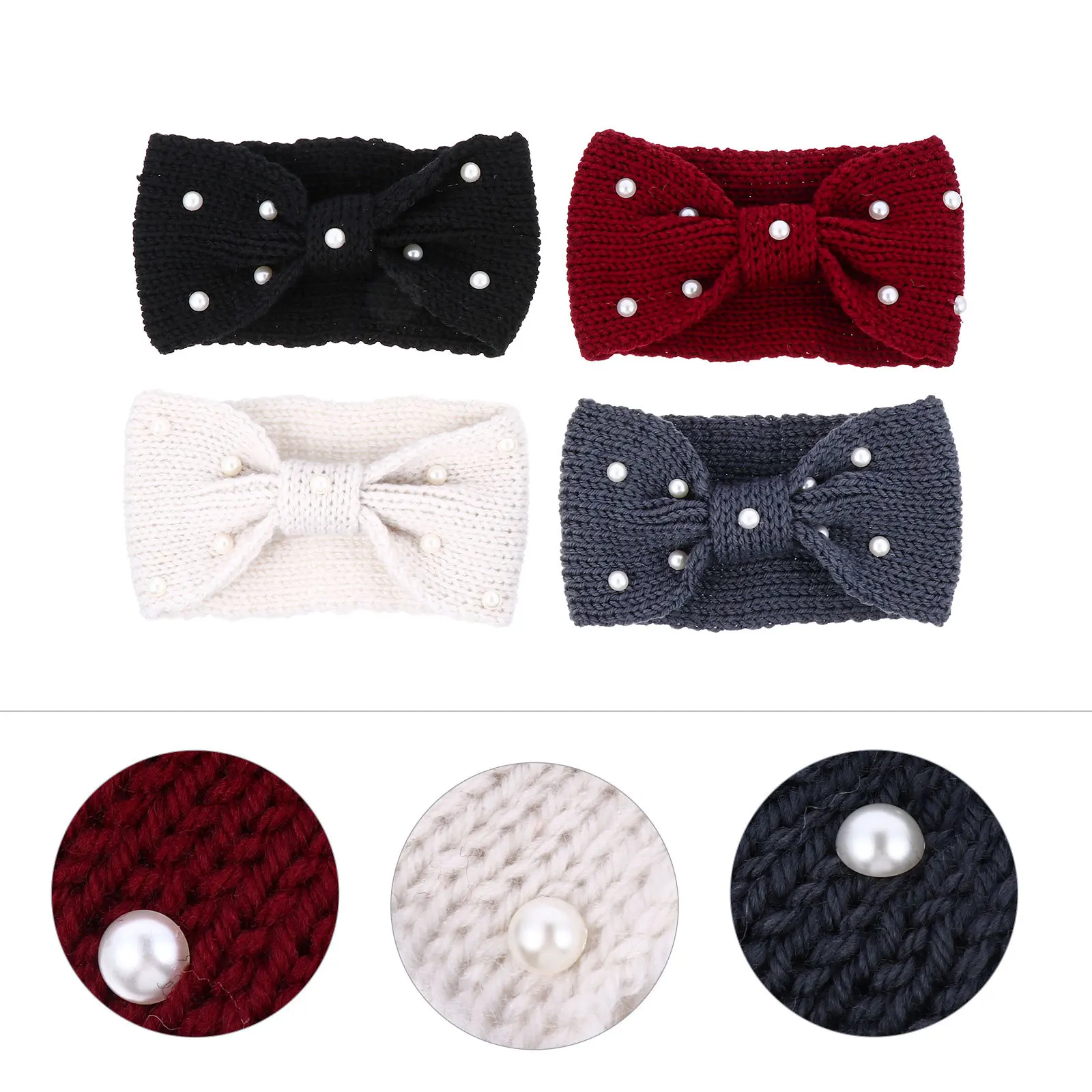 

4 шт., вязаная повязка на голову с жемчугом для женщин, дизайн с бантом, зимняя теплая повязка для волос, женская модная повязка на голову