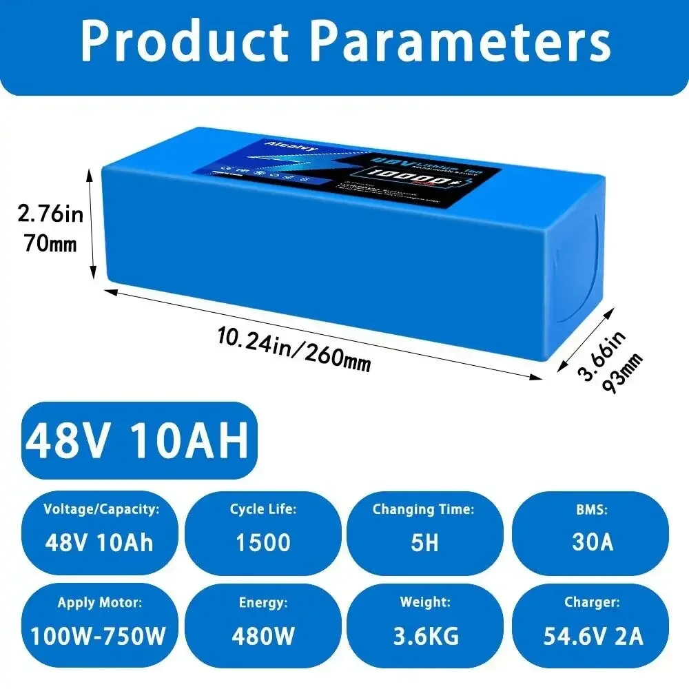 New 48V 10Ah 13S4P 18650 Lithium Ion Battery Pack for 48V 250W~1000W Motors with 30A BMS+2A
