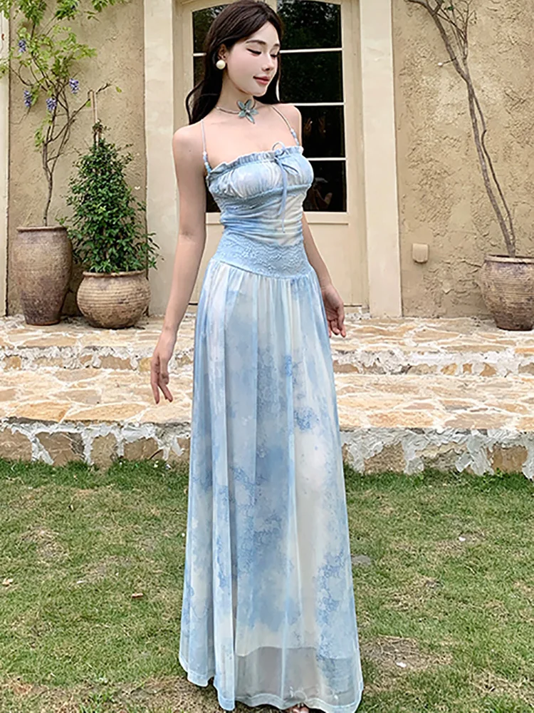 2025 Blue Print Chic Bow Ruffled Sling Sexy Long Dress Women Elegant Casual Beach Style Dress Summer Korean Bodycon Party Dress