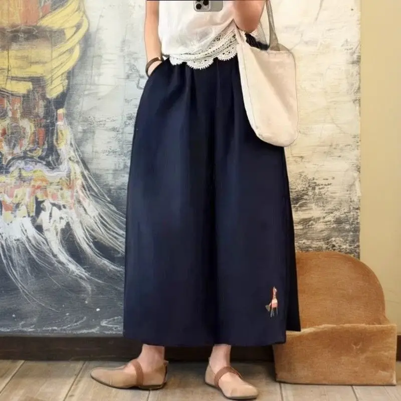 Retro Embroidered Cotton Linen Casual Pants High Waist Wide Leg Nine Points Summer 2026 Trendy Loose Fit Ethnic Style