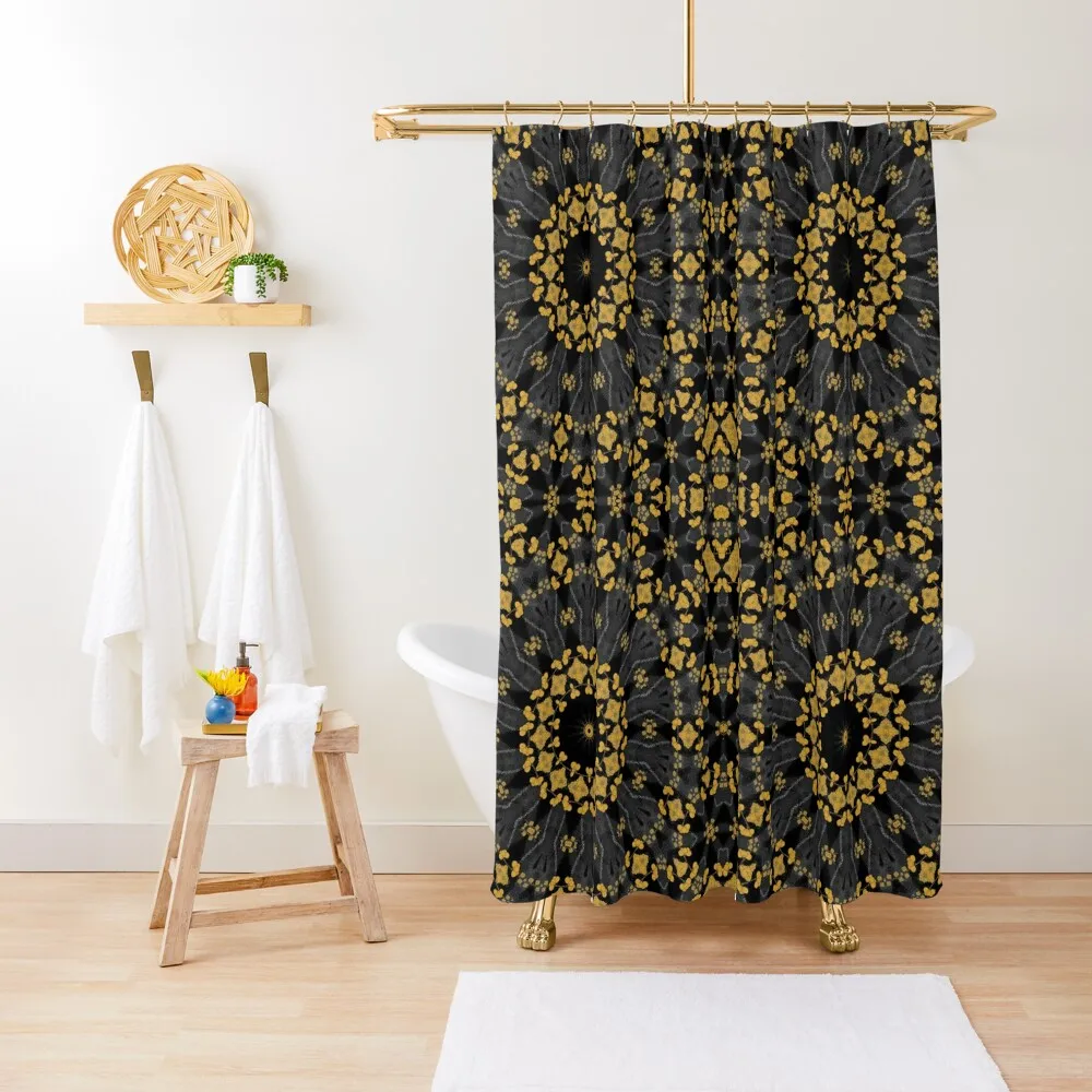 

Japanesque Floral Mustard Yellow Black CircularPattern 2 Artist Jenny Meehan Shower Curtain Waterproof Fabric Shower Curtain