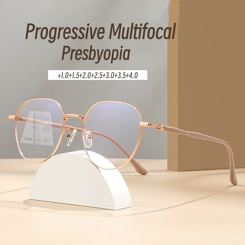 Vintage Round Frame Multifocal Reading Glasses Anti Blue Light Finished Optical Eyewear Women Luxury Brand Presbyopia Glasses