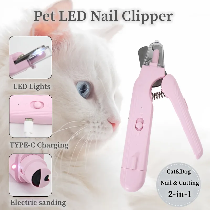 

Pet Cat Nail Clippers 2-in-1 Grinding USB Charging LED Light Blood Line Cat Dog Universal Nail Clippers Pet Grooming Supplies