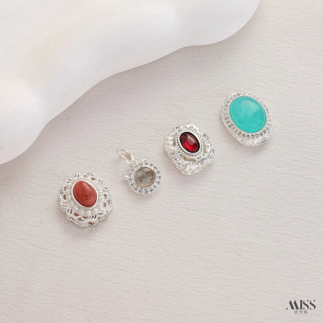 Thick Silver Plated Inlaid Natural Amazonite,Garnet,Rhodonite,Labradorite,Moonstone,Spacer Beads Pendant DIY Jewelry Accessories